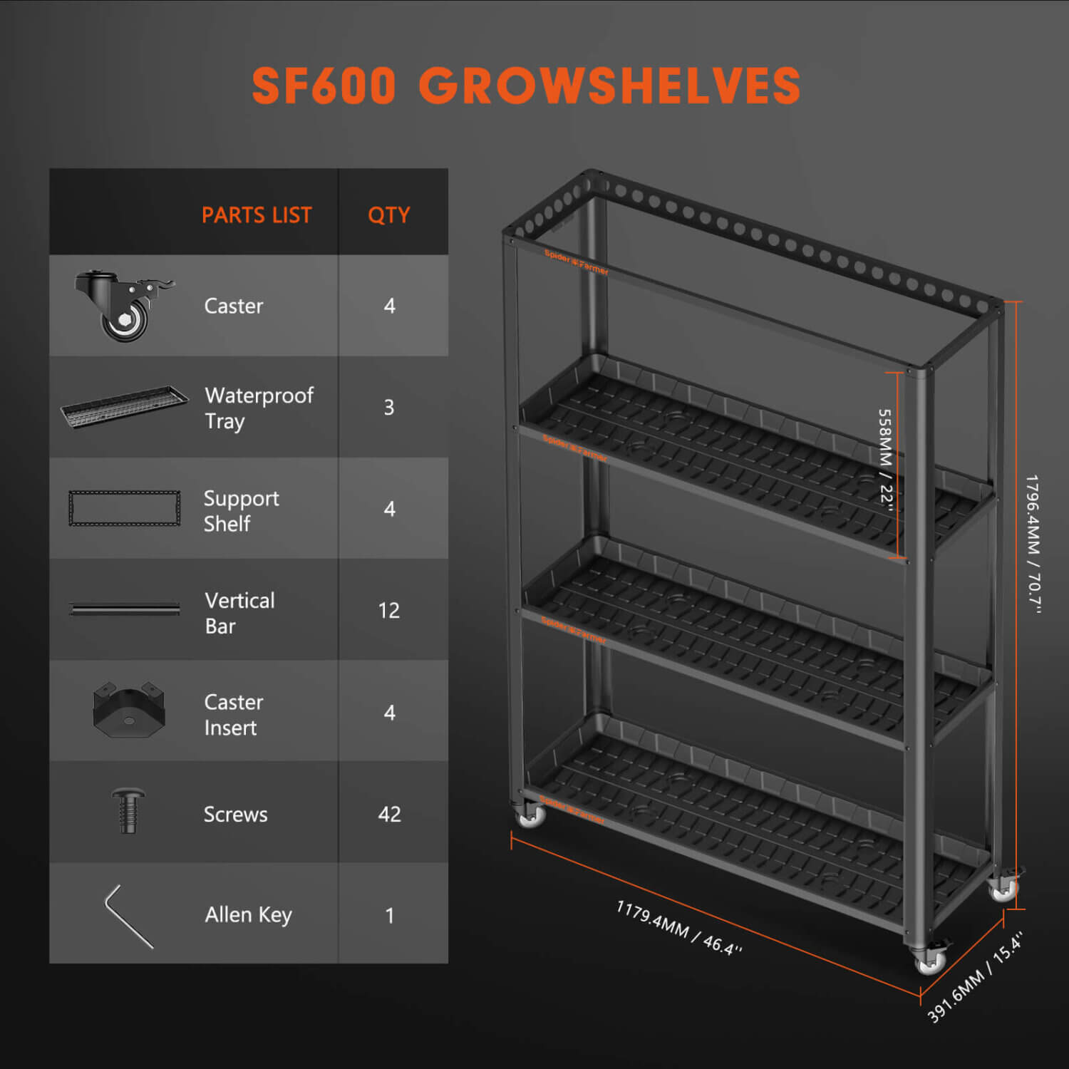 Spider Farmer SF600 growshelves Indoor led grow light und Metall Pflanzenregal mit Pflanzentabletts – Bild 3