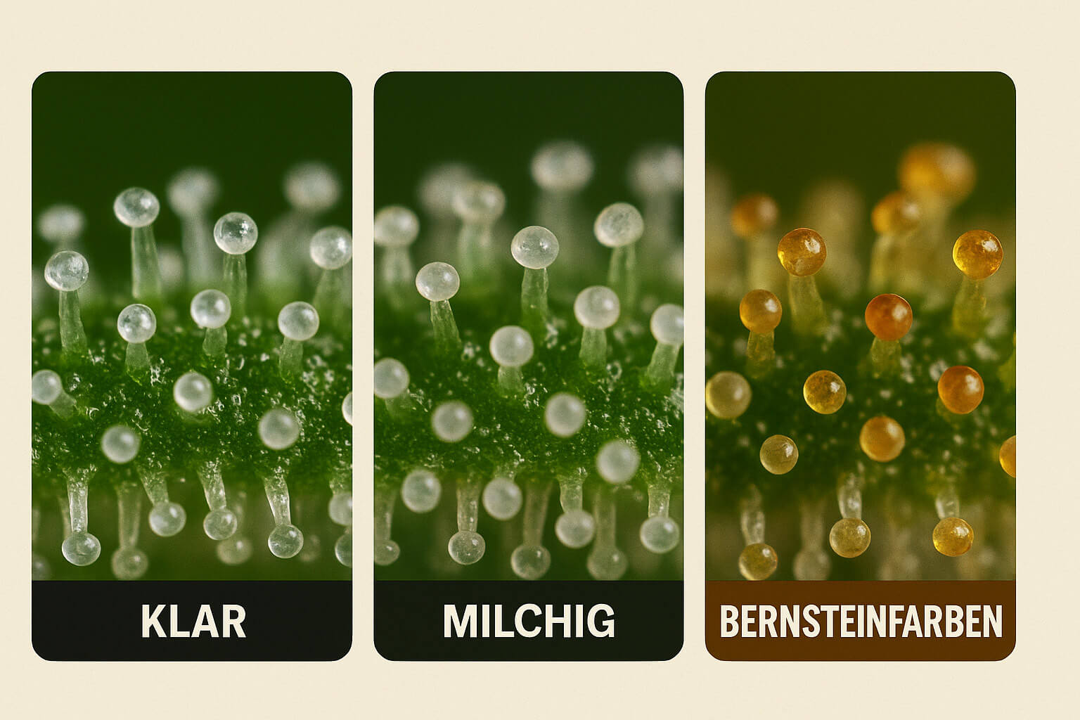 Trichome einer Cannabispflanze im Vergleich. Klar vs. Milchig vs. Bernsteinfarben