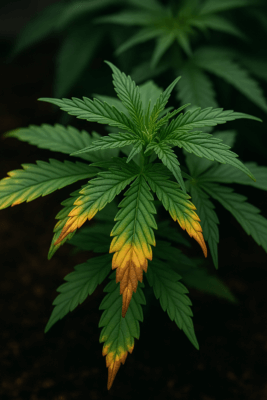 Nährstoffbrand an einem Cannabisblatt aufgrund von Überdüngung