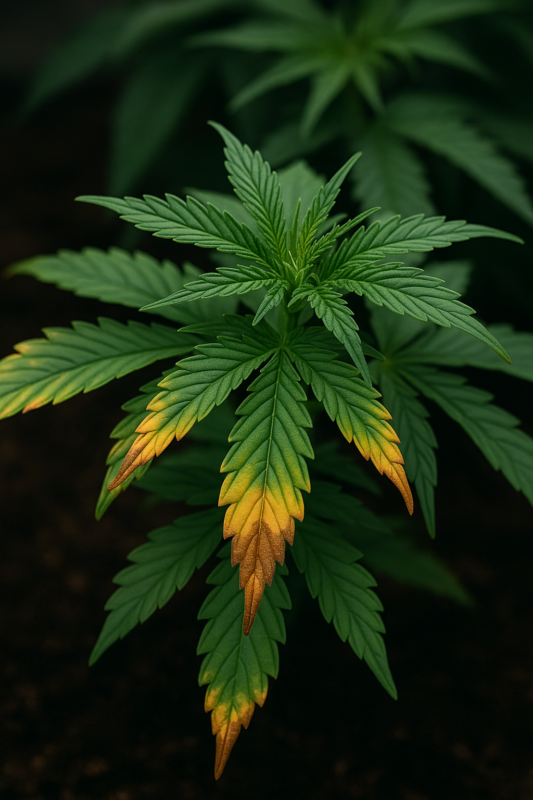 Nährstoffbrand an einem Cannabisblatt aufgrund von Überdüngung